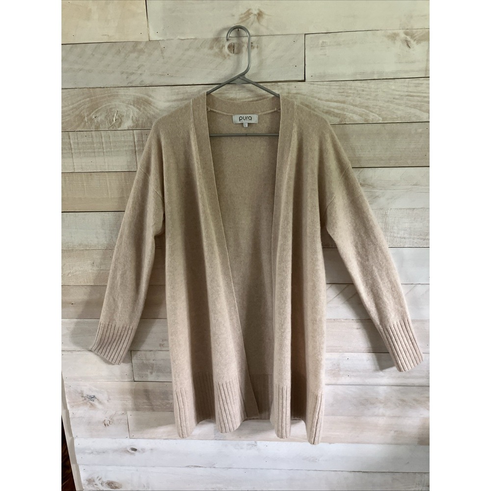 Pura Cashmere | Women's Long Open front 100% Cashmere Light Tan Cardigan Size L